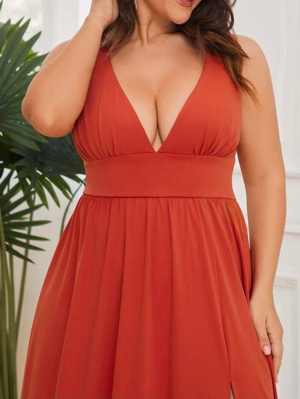 New Luxe Deep V Split Leg Maxi Dress Flowy Rust Orange - Picture 6 of 9